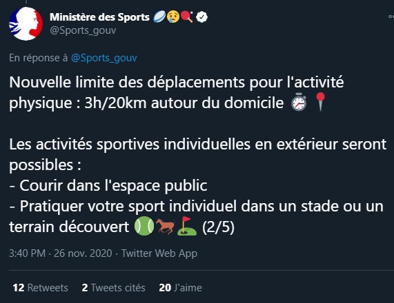 Tweet Ministère Sport 26-11-2020