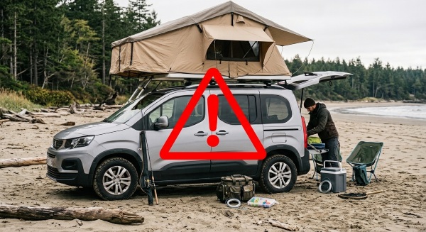 auto ludospace avec tente de toit sur plage : photo illégale - image IA